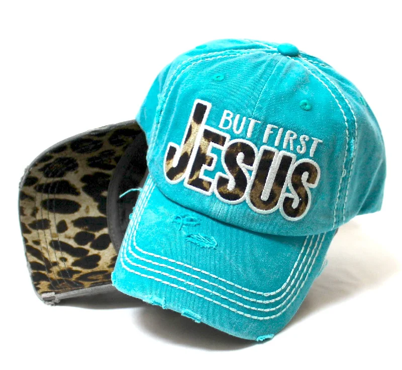 baseball hat glide strong -  CAPS 'N VINTAGE Women's Distressed Leopard Ballcap But First Monogram Embroidery Hat, Turquoise Blue