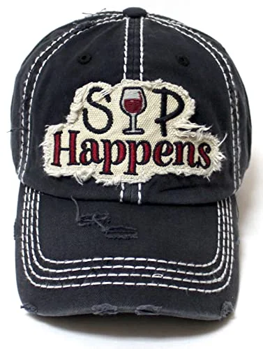 baseball hat bend high -  CAPS 'N VINTAGE Women's SIP Happens Wine Patch Embroidery Monogram Hat, Black