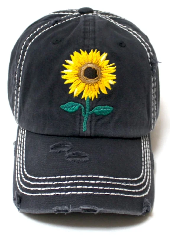 baseball hat style deep -  CAPS 'N VINTAGE Women's Sunflower Monogram Cap Patch Embroidery Distressed Hat