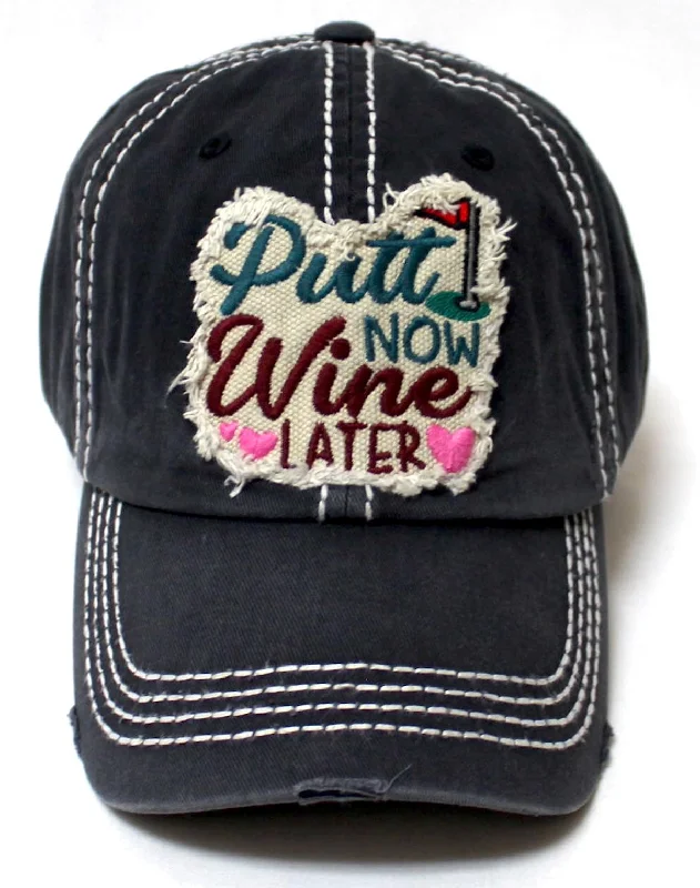 baseball hat lift true -  Distressed Ballcap Putt Now Wine Later Golfing Adjustasble Patch Embroidery Hat