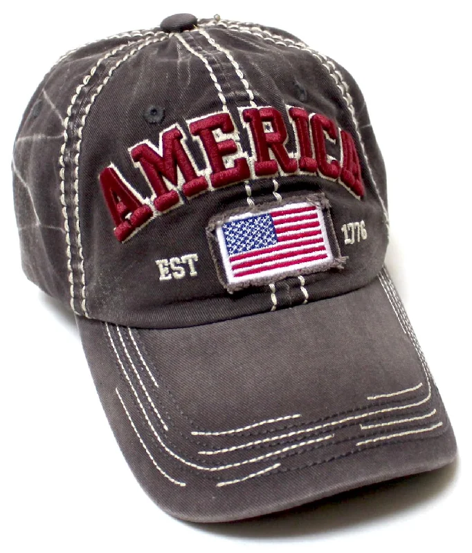 baseball hat see deep -  Unisex Vintage America EST. 1776 Flag Embroidery Baseball Hat, Charcoal Grey