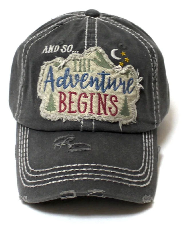 baseball hat feel true -  Women's Distressed Ballcap and So The Adventure Begins Camping Nature Patch Embroidery Hat, Charcoal