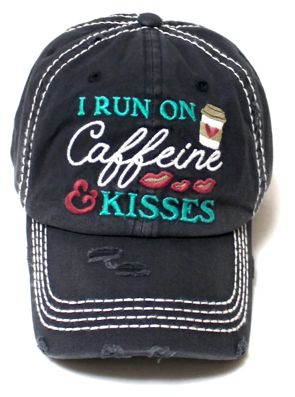 baseball hat know deep -  Women's Hat I Run on Caffeine & Kisses Hearts, Lips & Coffee Embroidery Distressed Cap, Black