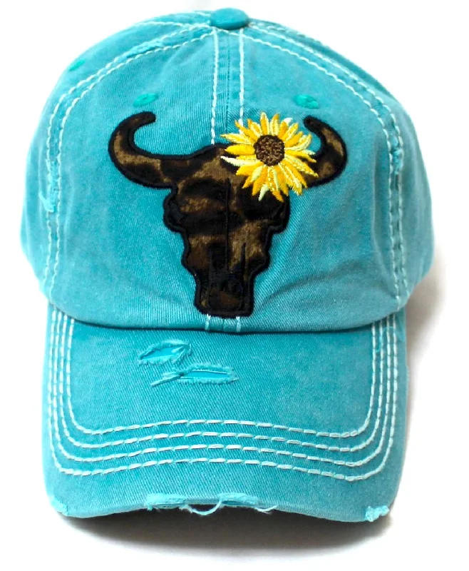 baseball hat taste high -  Women's Leopard Print Cow Skull Sunflower Monogram Embroidery Adjustable Hat, Jewel Turquoise