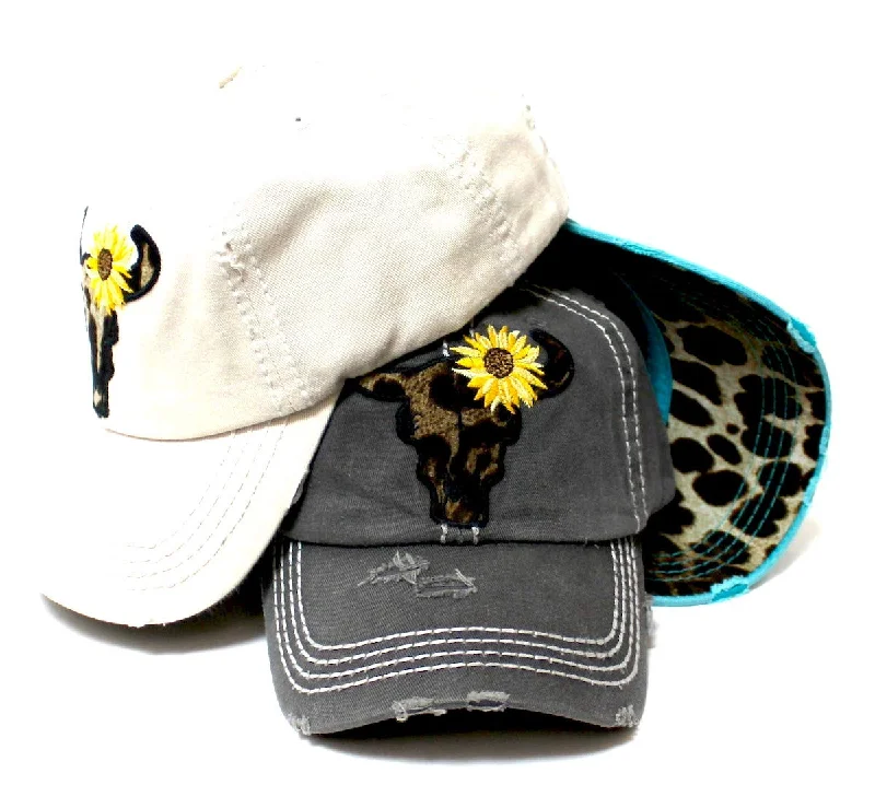 baseball hat breathe deep -  Women's Leopard Print Cow Skull Sunflower Monogram Embroidery Adjustable Hat, Vintage Black