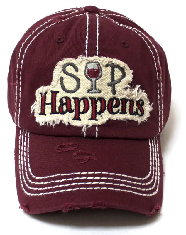 baseball hat glory wild -  Women's SIP Happens Wine Patch Embroidery Monogram Hat, Merlot Red