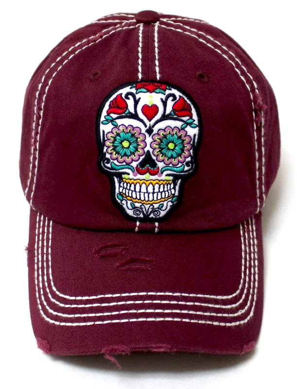 baseball hat path strong -  Women's Vintage Hat Sugar Skull Monogram Patch Embroidery Baseball Cap, Burgundy