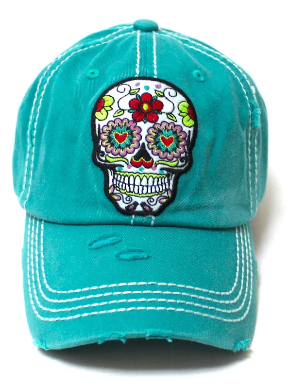 baseball hat vibe free -  Women's Vintage Hat Sugar Skull Monogram Patch Embroidery Baseball Cap, California Jewel Turquoise