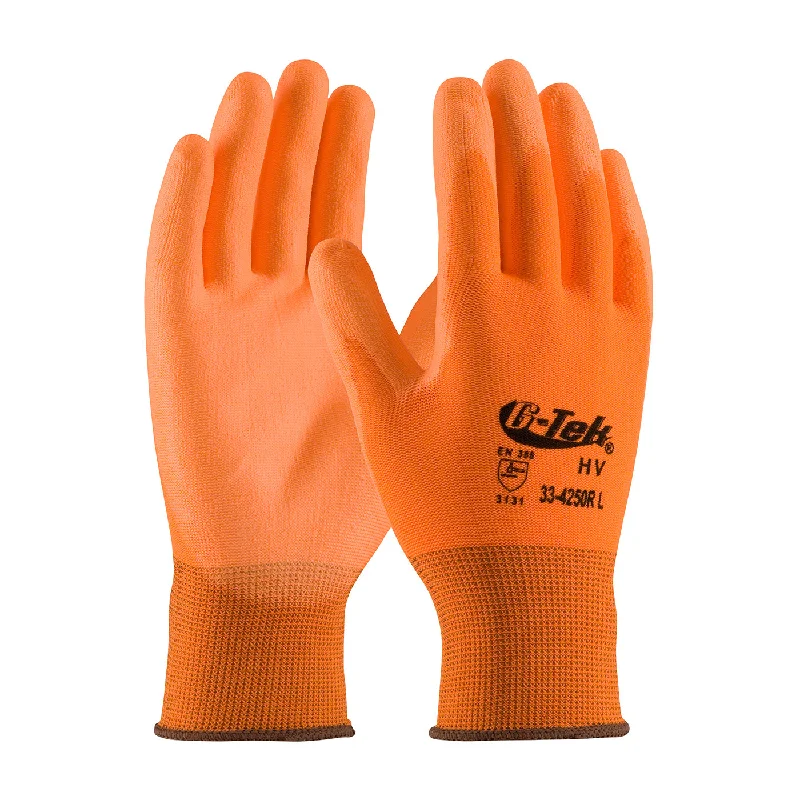 soft insulated gloves -  G-Tek 33-425OR Hi-Vis Seamless Knit Polyester with Polyurethane Coated Flat Grip on Palm and Fingers Safety Glove(One Dozen)