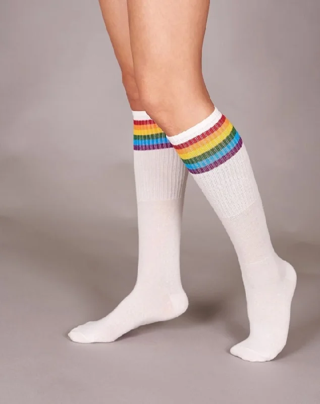 sock stock -  Women's Classic White Rainbow Stripe Knee Socks, Skating Socks, Gift for Her, Premium Cotton Skating Socks, Stocking Gift, White Color