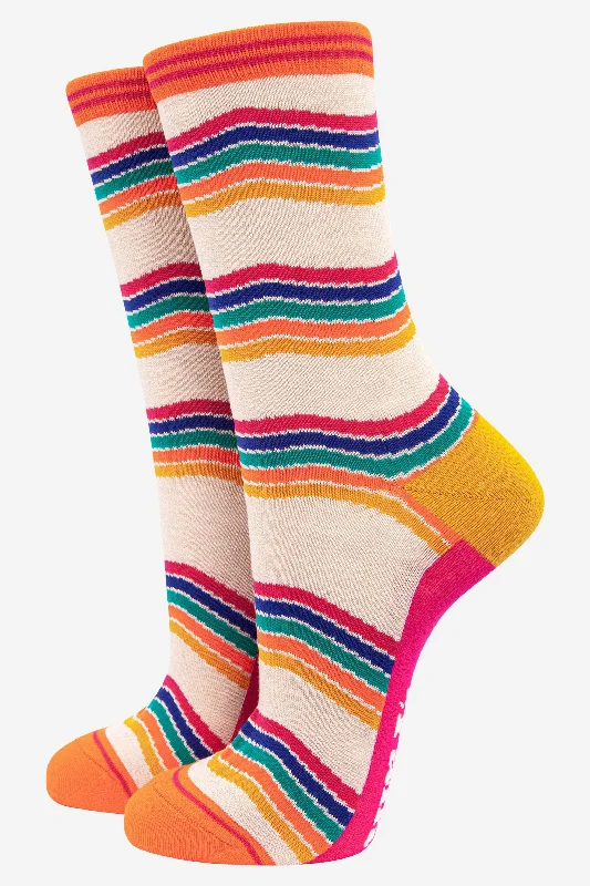 sock options -  Sock Talk/Women's Rainbow Stripe Bamboo Socks in Cream Multicoloured